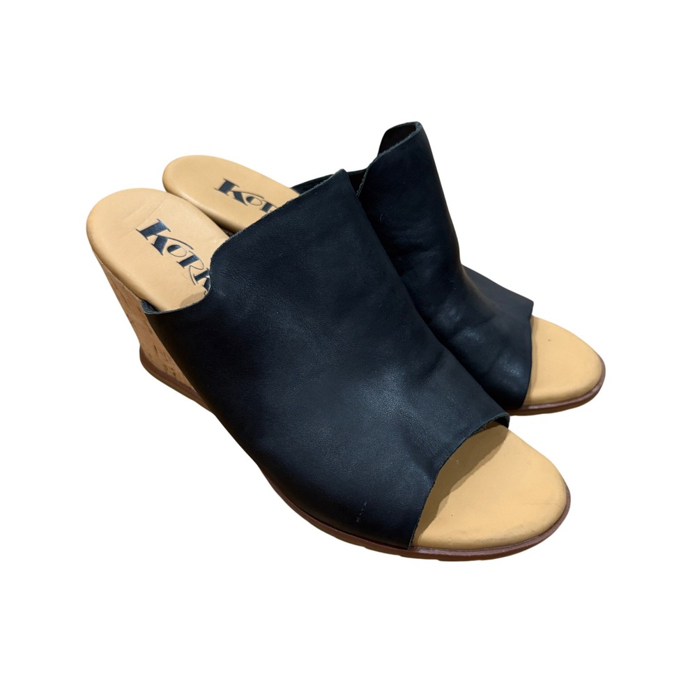Korks by Kork Ease Black Leather Wedge Sandals Women 8M Comfort Slides Staple